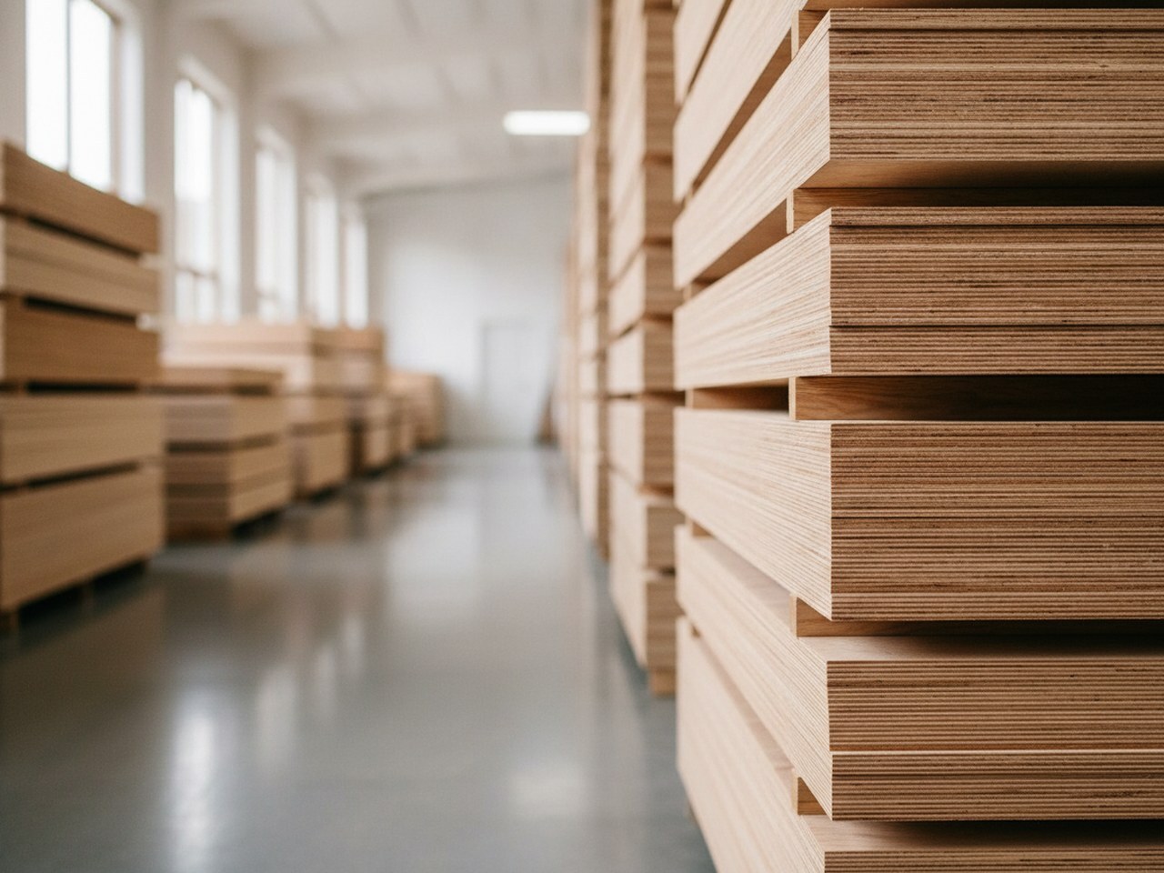 Warehouse aisle stacked with plywood and a forklift